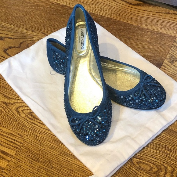 Jimmy Choo Shoes - Jimmy Choo Metallic Blue Jeweled Suede Flats